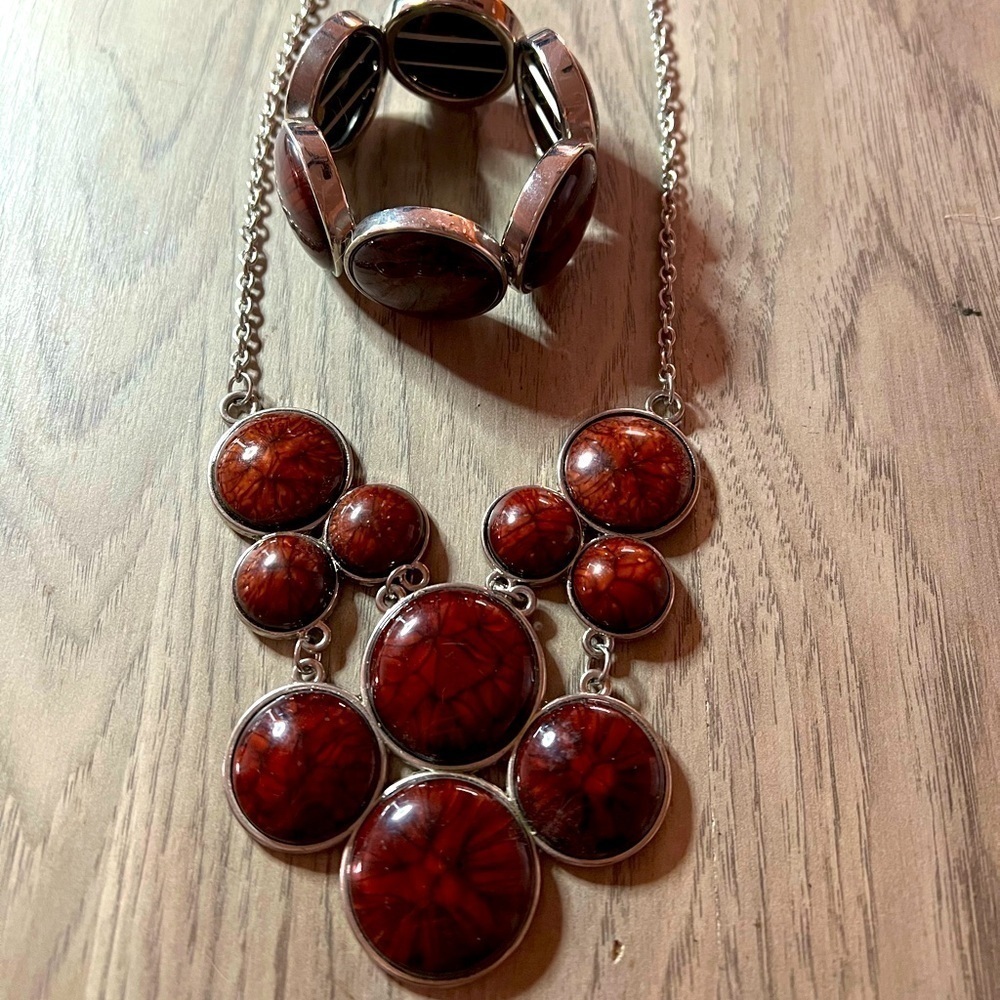 Red Art Deco Silver colored Bib Statement Necklace and Matching Stretch Bracelet